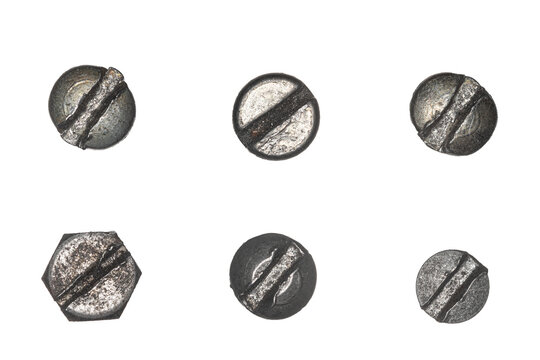 Used screw and bolt heads with signs of wear, scratches, dents, rust spots. Close-up view. Isolated on transparent background. Set 5.