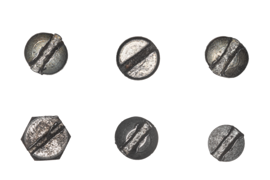 Used screw and bolt heads with signs of wear, scratches, dents, rust spots. Close-up view. Isolated on transparent background. Set 5.