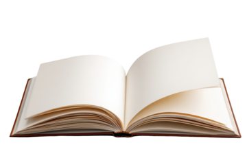 An open hardcover book with blank off-white pages and a brown spine is displayed against a solid black background