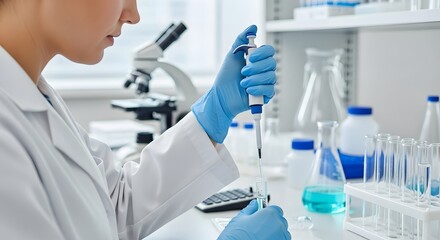 Fototapeta premium Scientist Conducting Experiment in Laboratory Setting with Various Equipment and Chemicals