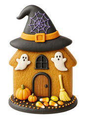 A spooky Halloween gingerbread house with a witch hat, ghosts, pumpkins, candy corn, and a broomstick, Isolated on Transparent and White Background