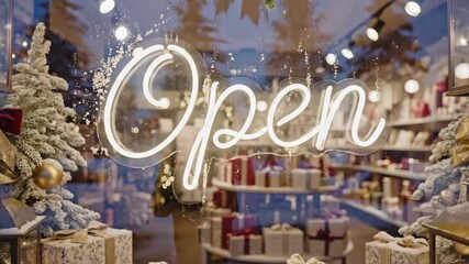 Glowing neon 'Open' sign in festive Christmas shop window display. Holiday retail store decorated with gifts and lights for seasonal shopping - Powered by Adobe
