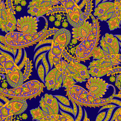 Hand drawn floral paisley seamless vector pattern. Batik style fabric