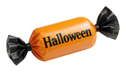 A single Halloween candy in an orange and black twisted wrapper with the word Halloween printed on it, Isolated on Transparent and White Background