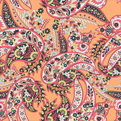 Hand drawn floral paisley seamless vector pattern. Batik style fabric