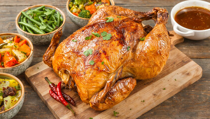 Whole Roasted Chicken with Crispy Golden Skin and Colorful Side Dishes on Rustic Wooden Table