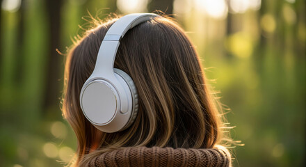 Profile view of a young woman wearing white headphones, listening intently in a tranquil forest setting, a perfect concept for focused audio experiences