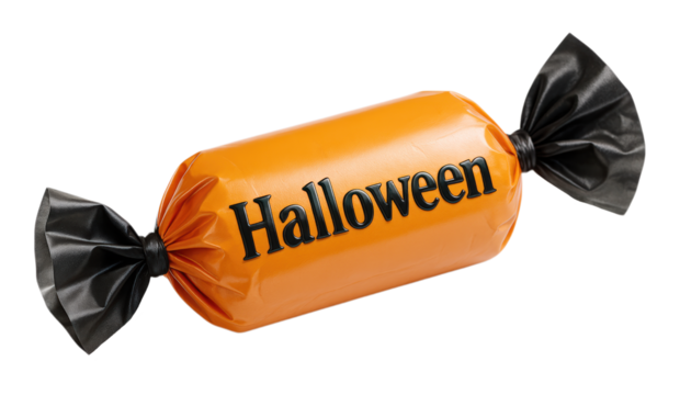 A single Halloween candy in an orange and black twisted wrapper with the word Halloween printed on it, Isolated on Transparent and White Background