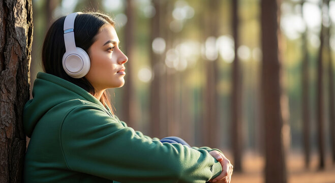 Close-up portrait of a serene woman with eyes closed, enjoying music on headphones in a sun-dappled forest, a perfect concept for pure bliss and calm