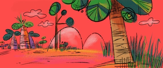 Fondo de lugar prehistorico. lustración estilo técnica gouache digital © Renán Vicencio Uribe