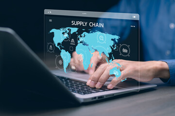 Supply Chain Management concept transportation and logistic suppliers, import export and transport industry. network distribution growth. container cargo ship and trucks of industrial cargo freight