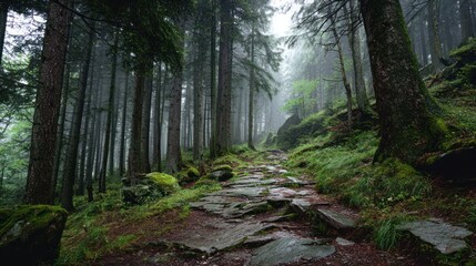 Obraz premium Stone pathway winds through misty, towering forest, with lush green moss and ferns