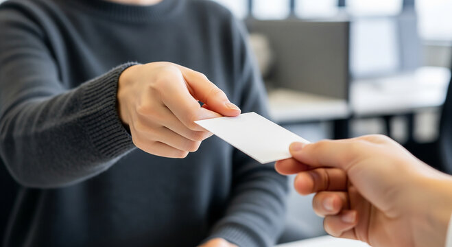 Close-up of a businessman giving a blank white business card, a perfect mockup for branding, corporate identity, and professional networking exchange