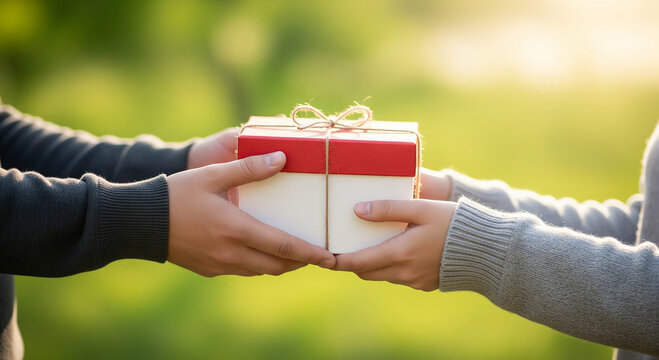 Close-up of a hand giving a wrapped gift box to another person, a perfect concept for celebration, birthday, anniversary, or showing appreciation