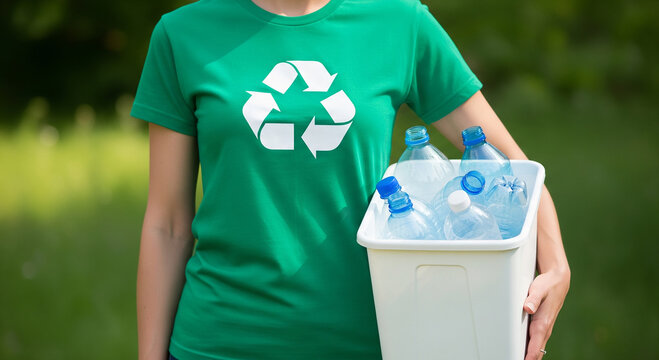 Person in a green t-shirt with a recycle logo, holding a bin of plastic bottles for recycling, a perfect concept for environmental activism and waste management