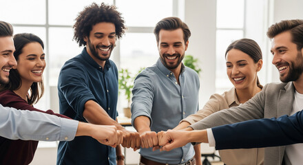 Large diverse team of professionals giving a collective high-five, a perfect concept for celebrating a major company achievement and collaborative success