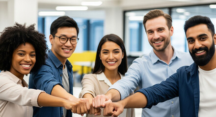 Happy and successful multicultural business team standing together with arms linked, a perfect concept for corporate unity, diversity, and team success