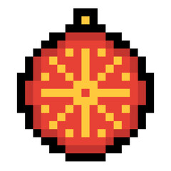 Pixel art Christmas ornament ball in red and yellow colors. Retro 8 bit style festive decoration perfect for holiday designs, greeting cards, stickers, games or digital artwork.