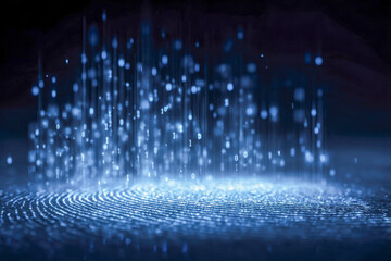 Futuristic glowing fingerprint with binary code rising in a dark environment symbolizing digital identity and advanced cybersecurity technology concepts