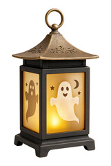 Decorative Halloween lantern with a friendly ghost, glowing warm light, and bronze oriental-style roof, Isolated on Transparent and White Background