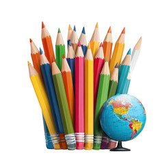 Fototapeta premium A vibrant collection of colored pencils stands behind a small world globe symbolizing global education and creativity