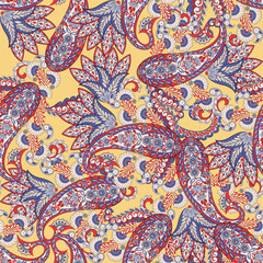 Paisley vector seamless design flowers and leaves in a batik-inspired style. Vintage fabric backdrop