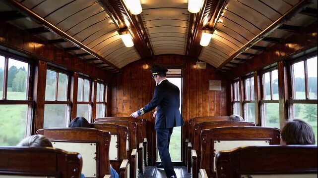 Conductor checking tickets on a vintage train with wooden interior and passengers seated by the windows