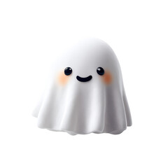 An adorable white ghost with big shiny eyes and rosy cheeks smiles sweetly against a black background