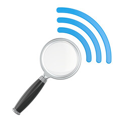 Magnifying glass and radio signal icon, search signal concept. 3D rendering