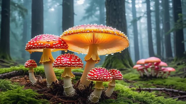 Cluster of red and white spotted fly agaric mushrooms in a misty forest amanita muscaria