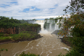 Scenic view of beautiful Iguaz&uacute; Falls seen from Iguaz&uacute; National Park on a cloudy spring day. Photo taken October 7th, 2025, Iguaz&uacute; Falls, Argentina.