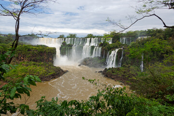 Scenic view of beautiful Iguaz&uacute; Falls seen from Iguaz&uacute; National Park on a cloudy spring day. Photo taken October 7th, 2025, Iguaz&uacute; Falls, Argentina.