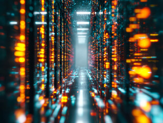 Futuristic data center with glowing server racks and digital light trails