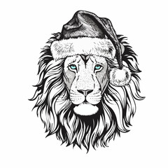 Lion Head Santa Hat - Black and White Vector Illustration
