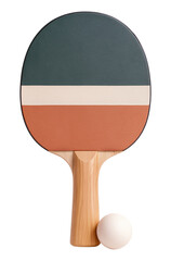A stylish wooden table tennis racket with a tricolor design and a white ball, front view, Isolated on Transparent and White Background