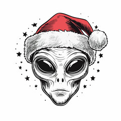 Alien Santa: Black and White Engraved Vector