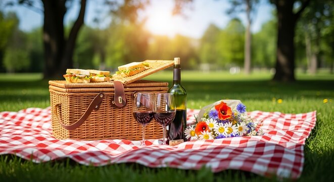 Picnic basket with wine and glasses on blanket in sunny park  
