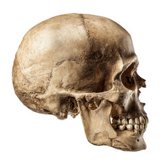 An old weathered human skull with visible sutures and teeth presented in profile against a stark black background