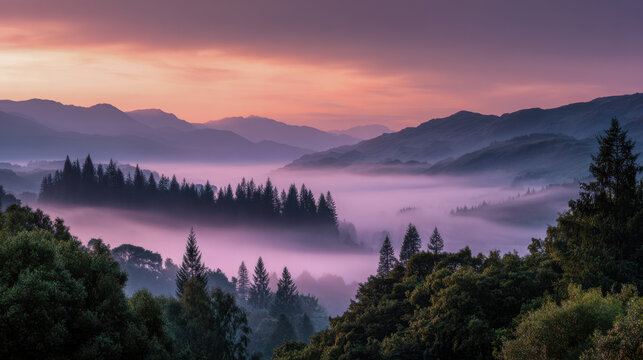 Serene morning landscape with dense forest trees and rolling hills enveloped in soft purple mist under a pastel sunrise sky creating a tranquil atmosphere