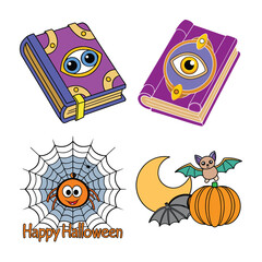 Collection of spooky Halloween illustrations featuring a spider in a web, crescent moon, and festive 