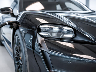 Sleek modern black electric vehicle being charged inside a bright garage with focus on futuristic headlight and reflective body panel design features