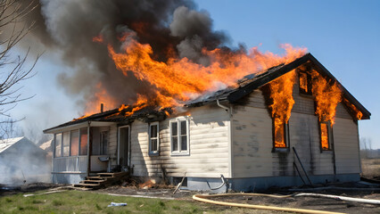 A residential house fully engulfed in roaring flames—orange and white fire consuming the roof and upper windows, thick black smoke billowing violently into an otherwise clear blue sky