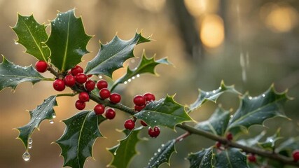 Wet holly branch with bright red berries and green leaves in soft light image photo - Powered by Adobe