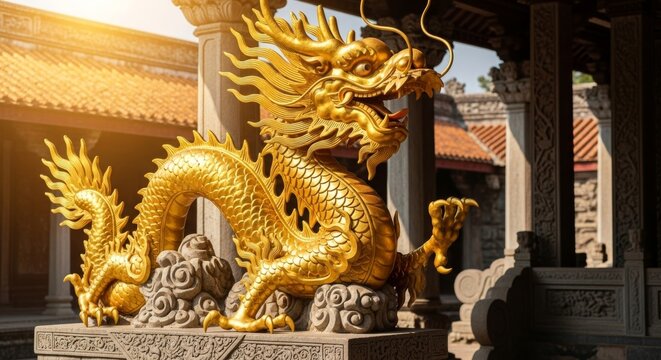 Golden dragon statue in traditional temple with sunlight background