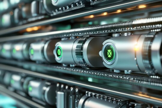 Close-up view of modern technology showcasing sleek server components and illuminated indicators