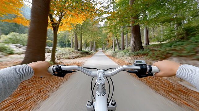 A first-person perspective shot of a person riding a bicycle down a straight, paved path through a forest in autumn. The rider's hands, wearing a grey sweater, are holding the silver handlebars of a w