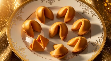 Assorted fortune cookies arranged on ornate plate with golden background  