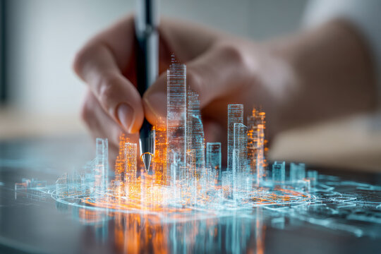 Person using a pen to interact with a futuristic holographic smart city model featuring illuminated skyscrapers and digital urban planning technology