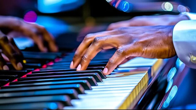 Close-up of hands playing a piano, capturing musical passion and artistry.