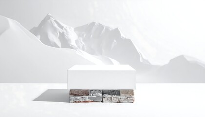 White pedestal with mountain backdrop